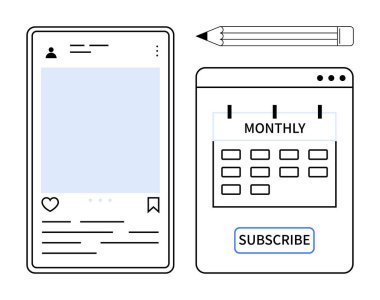 Mobil sosyal medya arayüzü, abonelik düğmesi ve kalem içeren aylık abonelik takviminin yanında. Sosyal medya, planlama, planlama, abonelik hizmetleri, organizasyon için ideal
