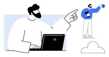 Bir dizüstü bilgisayar üzerinde çalışan bir adam, elinde bir girdap tutan, işbirliğini, yeniliği, takım dinamiğini ve bulut teknolojisini ön plana çıkaran birine işaret ediyor. Takım çalışması, yaratıcılık ve büyüme için ideal