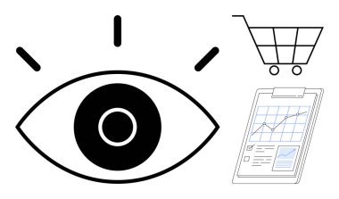 Odak çizgileri olan gözler, alışveriş arabası ve grafikli analitik pano. Pazarlama, vizyon, e-ticaret, veri analizi, strateji çevrimiçi eğilimleri ve tüketici sezgileri için ideal. Basit düz metafor