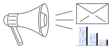 Zarf ve çubuk grafiğine megafon yansıtma, pazarlama, sosyal yardım, büyüme ve analizi temsil ediyor. Reklam, e-posta kampanyaları, veriler, tanıtım iletişimi için ideal
