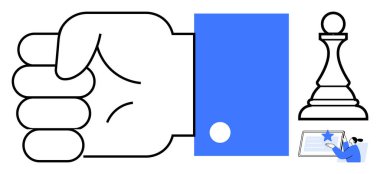 Bir satranç piyonu ve bir belgeyi inceleyen bir şahsın yanında sıkıca tutulmuş bir yumruk. Liderlik, strateji, otorite, planlama, sorumluluk, yetkilendirme, karar verme için ideal. Basit bir düz metafor.