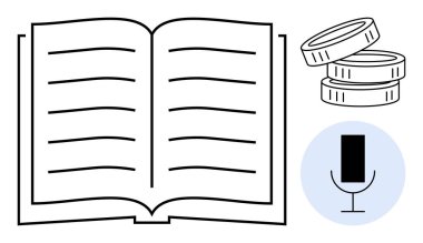 Öğrenmeyi simgeleyen açık kitap, iletişimi ya da medyayı simgeleyen mikrofon ve finansal kavramlar için madeni paralar. Eğitim, medya, podcast, finans, hikaye anlatma, bilgi ekonomisi için ideal