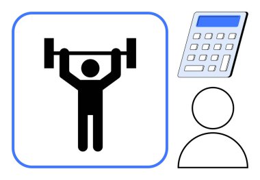 Güç ve uygunluğu temsil eden bir halteri kaldıran kişi, hesap makinesi ve kullanıcı avatarı eşliğinde izleme, planlama ve kendini yönetme. Sağlık, analitik, hesap verebilirlik ve amaç için ideal