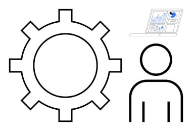 Dişlileri sembolize etme süreci, kullanıcı için insan figürü, analiz için çizelgeleri olan dizüstü bilgisayar. İş akışı, takım çalışması, kullanıcı etkileşimi, işlemler, analiz yönetimi işbirliği için ideal. Basit düz