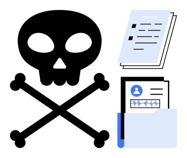 Yığılmış belgelerin yanında kafatası ve çapraz kemikler ve veri tabloları ve kullanıcı bilgilerinin olduğu bir klasör. Konseptler için ideal risk, tehlike, uyumluluk, yanlış bilgilendirme, hukuki sorunlar, siber güvenlik