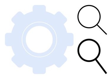 Araştırma, problem çözme, keşif, analiz, optimizasyon, yenilik ve çözümleri vurgulayan iki büyüteç yanında büyük dişli şekil. Takım çalışması için ideal iş büyümesi basit