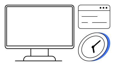 Masaüstü monitörü, tarayıcı arayüzü ve saat zaman takibi, verimlilik, iş akışı yönetimi öneriyor. Verimlilik, teknoloji, iş hayatı dengesi, zaman bilinci dijital için ideal