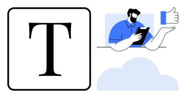 Metin sembolü, panosu olan adam, baş parmaklar yukarı, ve bulut görüntüsü. İletişim, geri bildirim, işbirliği, içerik oluşturma üretkenlik takım çalışması bulut hesaplaması için idealdir. Basit düz metafor