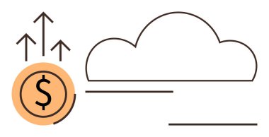 Bulut hatlarının yanında yukarı doğru okları olan bir bozuk para. Yenilik, finans, teknoloji, büyüme, ilerleme, bulut depolama, gelecekteki yatırımlar için ideal. Basit düz metafor