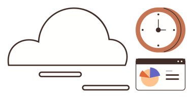 Bulut elementi saat ve tart grafiğini gösteren analitik kontrol paneli arayüzü. Teknoloji, zaman organizasyonu, veri analizi, bulut depolama, üretkenlik, planlama, verimlilik kavramları için ideal