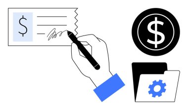 Kalem, dolar çemberi ve ödeme, finans, bankacılık, bütçe, evraklar, muhasebe ve işlem optimizasyonunu simgeleyen teçhizat dosyasıyla el imzası kontrolü. Ticari vergilendirme tasarrufu için ideal