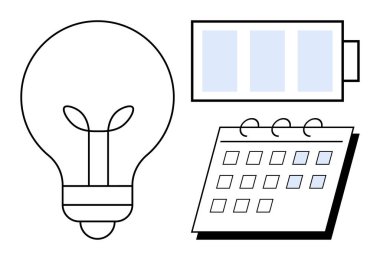 Fikirleri sembolize eden ampul, zaman çizelgesi için takvim ve enerji için pil. Üretkenlik, yenilik, zaman yönetimi, sürdürülebilirlik, yaratıcılık verimliliği organizasyonu için idealdir. Basit düz