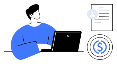 Dizüstü bilgisayar, kullanıcı profili, finansal belge ve dolar ikonu üzerinde çalışan bir adam. İşe alım, uzaktan çalışma, işe alım, bütçe, yatırım finansal yönetim planlama için idealdir. Basit düz metafor