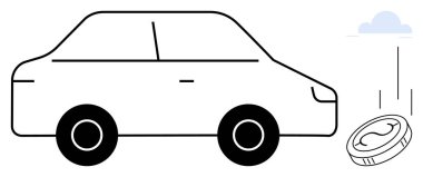 İki siyah tekerleği ve bozuk paranın yanında basit bir dış hatları olan bir araba. Ulaşım, finans, bütçe, ekonomi, otomotiv maliyeti, sigorta, seyahat planlaması için ideal. Temiz, düz metafor