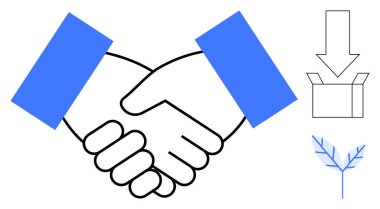 Ortaklığı vurgulayan tokalaşma, teslimatı sembolize eden açık kutu ve sürdürülebilirliği simgeleyen yaprak. İş, ortaklık, takım çalışması, dağıtım, çevre dostluğu, işbirliği ve büyüme için ideal