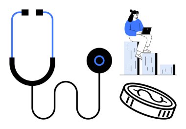 Stetoskop, dizüstü bilgisayardaki kişi ve madeni para ile yükselen finansal büyüme tablosu. Sağlık, finans, teknoloji, yenilik, veriye dayalı çözümler planlamak için idealdir. Basit düz