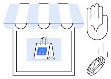 Piyasa tentesinin altında geri dönüşüm amblemi olan çevre dostu bir alışveriş çantası, elden düşen bozuk para. Sürdürülebilirlik, yeşil girişimler, e-ticaret, yardım, alışveriş, çevre