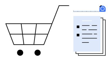 Evrakları istifleyip mezuranın yanında alışveriş arabası. Planlama, bütçe, strateji geliştirme, e-ticaret, değerlendirme, proje yönetimi, tüketici davranışı için ideal. Basit bir düz metafor.