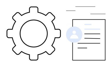 Verimliliği, işlem yönetimini ve kullanıcı verilerini sembolize eden kullanıcı simgesi ve metin satırları olan belgenin yanına git. İş akışı, optimizasyon, teknoloji, işlemler, profil, ayarlar için ideal