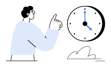 Saatin mavi eliyle duvar saatine doğru hareket eden kişi, zamanın farkındalığını ve zamanlamasını vurguluyor. Üretim, planlama, zaman yönetimi, teslim tarihleri, hedef belirleme, iş-yaşam dengesi için ideal