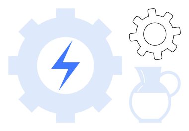 Yıldırımlı büyük teçhizat, daha küçük ana hatlı teçhizat ve sürahi soyut tasarım ile birbirine bağlı. Enerji, mekanik, sürdürülebilirlik, elektrik, sanayi, su yenilik temaları için ideal