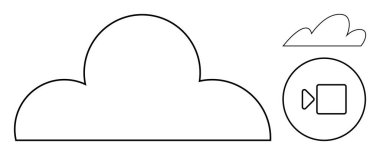 Üzerinde daha küçük bir bulut ve çemberin içinde video oynatma düğmesi olan ana hatlı bir bulut. Teknoloji, medya, yayın, veri depolama, dijital paylaşım, bulut hesaplama, iletişim için ideal. Basit düz