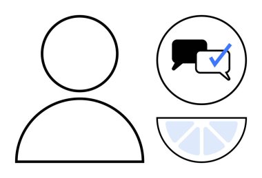 Minimalist kullanıcı avatarı, işaretli sohbet baloncukları ve iletişimi, karar vermeyi ve yaratıcılığı temsil eden çeyrek turunçgil dilimi. Kimlik, etkileşim, geri bildirim, ileti için ideal