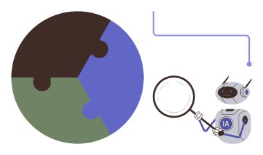 Robot elinde büyüteç tutarak Dünya şeklindeki yapbozu keşfediyor. Yapay zeka, yenilik, küresel çözümler, analiz, sürdürülebilirlik, teknoloji ve eğitim için ideal. Basit düz metafor