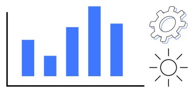 Veri eğilimlerini temsil eden bar grafiği, yeniliği sembolize eden vites ve büyüme ve başarıyı ima eden güneş. İş analizleri, ilerleme, üretkenlik, veri yönetimi, stratejiler ve takım çalışması için ideal
