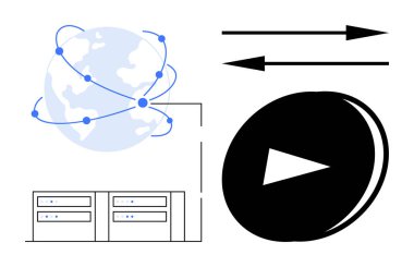 Ağ bağlantıları, sunucu kurulumu, çalma sembolü, yön okları olan dünya. Veri transferi, çevrimiçi yayın, küresel iletişim, ağ oluşturma, dijital hizmetler bulut teknolojisi için ideal