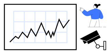 Şebeke ile yukarı doğru eğilim çizgisi grafiği, odak ya da analiz öneren bir figür ve güvenlik kamerası. İlerleme izleme, analitik, strateji, veri güvenliği, iş büyümesi ve izleme için ideal