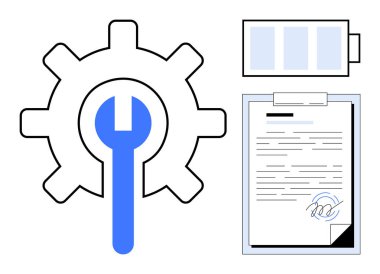 Yönetimi sembolize eden ingiliz anahtarı, sözleşmeler için imzalı belge ve enerji için pil. İş için ideal, verimlilik, bakım, mühendislik, anlaşmalar, enerji verimliliği. Basit düz