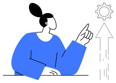 Dişli ve oka doğru hareket eden kadın figürü yeniliği, amaçları, gelişimi ve başarıyı simgeliyor. Üretkenlik, liderlik, strateji, vizyon, planlama ilerlemesi ve basit düz metafor için ideal