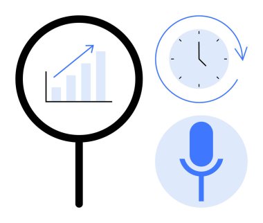 Büyüteç, büyüme grafiğini, oklu dairesel saati ve mavi mikrofonu analiz ediyor. Analiz, zaman yönetimi, üretkenlik, büyüme, araştırma teknolojisi iletişimi için ideal. Basit düz