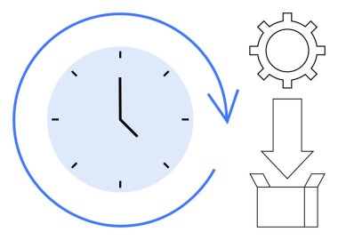 Zamanı simgeleyen oklu dairesel saat, süreci simgeleyen dişli, aşağıya doğru ok atmayı temsil eden bir kutu. Üretkenlik, planlama, iş akışı, lojistik, otomasyon, zaman izleme için ideal