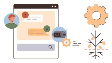 İnsanlarla sohbet etmek, sohbet robotu, vites sembolü ve karar ağacı. Yapay zeka, teknoloji, iletişim, otomasyon karar verme mekanizması müşteri hizmetleri ve minimalizm için idealdir. Basit düz