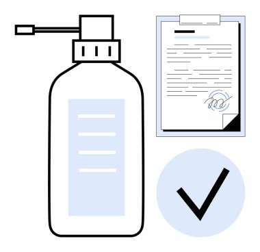 Dağınık el dezenfektanı şişesi, imzalı pano belgesi, şah işareti. Hijyen, uyum, güvenlik, sertifika, onaylı işyeri sağlık temizliği için ideal. Basit düz metafor