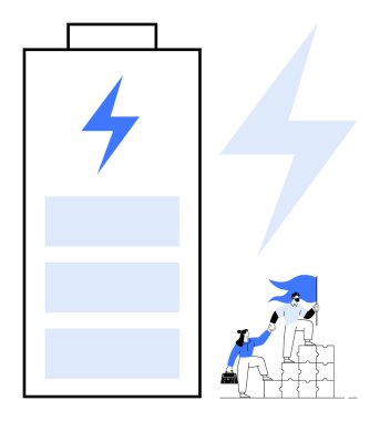 Yıldırımlı büyük batarya, enerji göstergesi, istiflenmiş bloklar üzerinde birlikte çalışan iki kişi. Takım çalışması, enerji, üretkenlik, ilerleme, sürdürülebilirlik, işbirliği, motivasyon için ideal