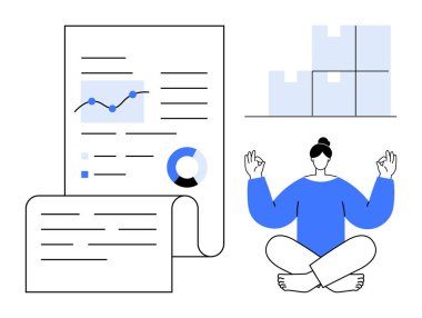 Nilüfer ağacında meditasyon yapan birinin yanında grafikler ve çizelgelerle dolu raporlar depo kutularının yanında duruyor. İş-yaşam dengesi, farkındalık, odaklanma, üretkenlik, organizasyon, zihin sağlığı, basit