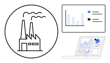 Duman yığınları, bar tablosu ve analitik gösteren dizüstü bilgisayarı olan bir fabrika taslağı. Üretim, endüstri, analitik, verimlilik, yönetim büyüme sürdürülebilirliği için idealdir. Basit düz metafor