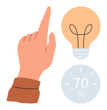 Ampulü yakmak için el hareketi ve 70 ilerleme göstergesi. Yaratıcılık, odaklanma, verimlilik, yenilik, karar verme, amaç belirleme, öğrenme için idealdir. Basit düz metafor