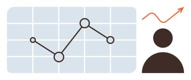Birbirine bağlı veri göstergelerine sahip grafikler ve insan siluetinin üstündeki yukarı doğru ok büyümeyi gösteriyor. Analiz, istatistik, iş büyümesi, kariyer ilerlemesi, başarı ve tahminler için ideal