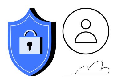 Asma kilitli mavi kalkan, kullanıcı profili simgesi ve soyut bulut. Veri güvenliği, mahremiyet, kullanıcı erişimi, kimlik doğrulama, siber güvenlik çevrimiçi koruma ve güvenlik konuları için idealdir. Basit düz