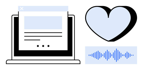 Open laptop with web page, heart symbol, audio waveform reflecting digital communication and emotional connection. Ideal for technology, social media, online relationships, communication, content