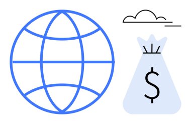 Küresel bağlantıyı temsil eden dünya küresi, içinde dolar işareti olan para çantası finans, zenginlik ve bulut resimlerini sembolize ediyor. Küresel ticaret, yatırım, ekonomi, fintech, dijital bankacılık için ideal