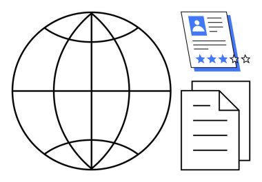 Profil ve reytinglerle dolu profesyonel özgeçmişin yanında dünya ikonu. Belgeler veri paylaşımını, işe alınmayı ve değerlendirmeyi vurgular. İnsan Kaynakları, işe alım, ağ, küreselleşme ve işbirliği için ideal