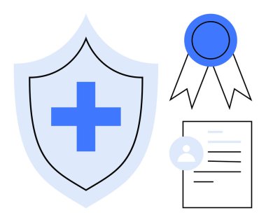 Tıbbi haçlı mavi kalkan, tanınmak için rozet, detaylı kişisel belge. Sağlık, sigorta, sertifika, güven, profesyonelliğe uyum güvencesi için idealdir. Basit düz