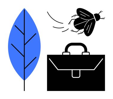 Temaları temsil eden basit bir evrak çantasıyla uçan ve yaprak böceği sürdürülebilirliği, işi, iş hayatını dengeyi, yeniliği ve doğayla uyumu destekler. Ekoloji ve iş büyümesi için ideal