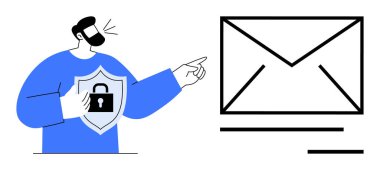 Adam elinde bir kalkanla büyük bir zarf sembolünü işaret ediyor. Siber güvenlik, e-posta güvenliği, veri koruması, çevrimiçi mahremiyet, güvenli mesajlaşma, şifreleme ve dijital güven için ideal. A