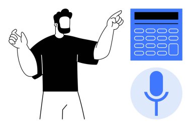 Bir hesap makinesi ve mikrofon simgesini işaret eden adam dijital araçları, ses komutlarını ya da finansal yönetimi temsil ediyor. Teknoloji, yenilik, otomasyon, finans ve eğitim için ideal